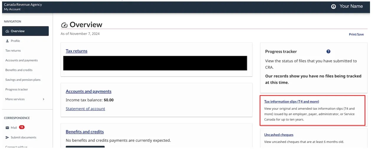 CRA My Account tax information slips menu